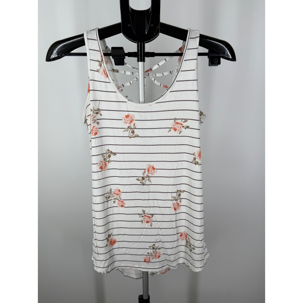 Maurices 24/7 Floral Striped‎ Lattice Back Tank Top White Peach XS